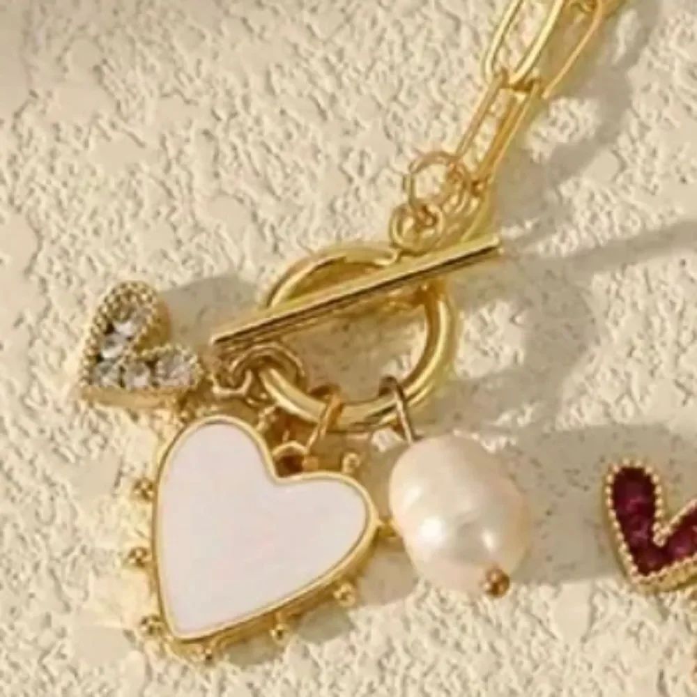 18K Gold Plated Diamond Heart Pendants Toggle Necklace